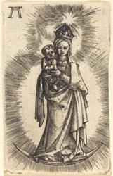 Madonna y el niño de pie con una media luna