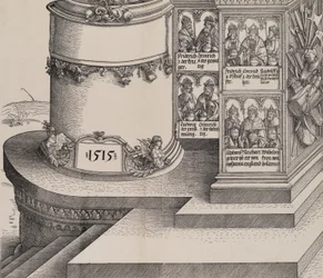 Retratos de los familiares de Maximiliano, y la base de la columna exterior izquierda con la fecha 1..., 1515