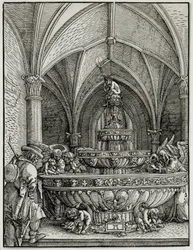 La Sagrada Familia en la fuente. Grabado por Albrecht Altdorfer. Museo del Louvre