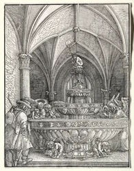La Sagrada Familia en la huida a Egipto en una fuente, c. 1520