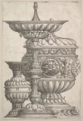 Tres elegantes vasos sobre un fondo blanco, ca. 1525