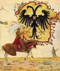 Procesión triunfal del emperador Maximiliano, escena: estandarte y espada imperiales, detalle