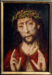 Cristo del dolor. Rostro de Cristo con heridas sangrantes por la corona de espinas con estigmas en las palmas de las manos