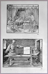 Aparato para traducir objetos tridimensionales en dibujos bidimensionales, dos escenas del primer libro técnico del artista Introducción en el Arte de la Medición con Compás y Regla, escrito