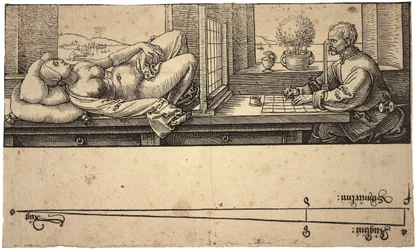 Artista dibujando un desnudo con un dispositivo de perspectiva, 1538