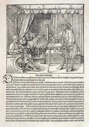 Artista que utiliza la máquina de dibujo de Durero para pintar una figura, de «Curso sobre el arte del dibujo» de Albrecht Dürer, publicado en Núremberg en 1525