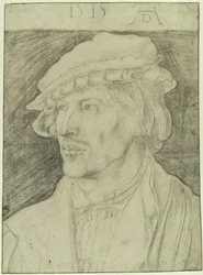Retrato de medio cuerpo de un joven sin barba, mirando hacia la izquierda