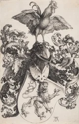 Escudo de armas con un león y un gallo