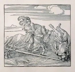 El emperador Maximiliano I de Alemania (1459-1519) derriba a un oponente en una justa, de un libro inédito que glorifica las hazañas caballerescas del emperador, c.1515