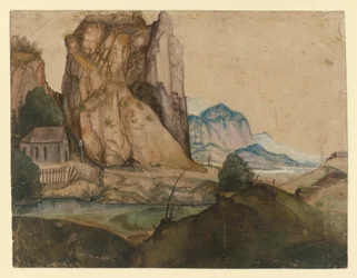 Paisaje ondulado con una capilla situada bajo unas altas rocas