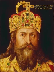 Retrato idealizado del emperador Carlomagno con el atuendo de coronación y la Corona imperial. Núremberg, 1517