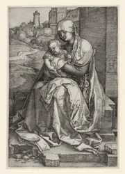 María sentada con el Niño ante un muro