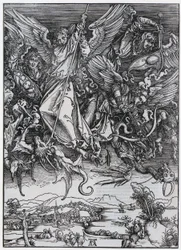 La lucha de San Miguel contra el dragón, figura X, lámina 12 de la serie «El Apocalipsis»