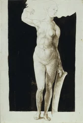 Estudio de proporción de desnudo femenino con escudo