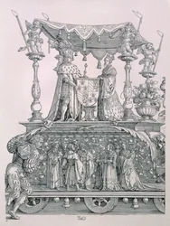 El Matrimonio Borgoñón o la Procesión Triunfal del Emperador Maximiliano I de Alemania (1459-1519) que muestra el carro de bodas de Maximiliano y María de Borgoña (1458-82), pub. 1526 (detalle)