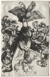 El escudo de armas con un león y un gallo