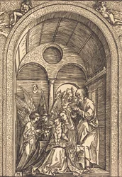 La Sagrada Familia con dos ángeles en un salón abovedado, c. 1504