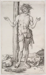 El hombre de los dolores de pie, con las manos levantadas, c. 1500