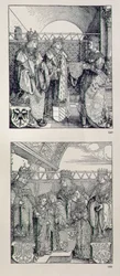 El Arco Triunfal del Emperador Maximiliano I (1459-1519): detalle que muestra dos paneles colocados sobre el portal izquierdo que representan eventos en la vida del Emperador Maximiliano, pub. 1517-28
