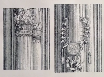 El Arco Triunfal del Emperador Maximiliano I de Alemania (1459-1519): dos detalles de las Puertas de Honor y Poder centrales que muestran la columna izquierda y los adornos del capitel, fechado en 1515, pub. 1517-18