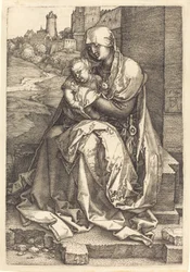La Virgen y el Niño sentados junto al muro