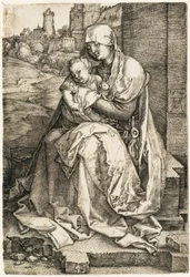La Virgen y el Niño sentados junto al muro