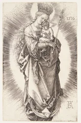 La Virgen en una media luna con una corona de estrellas y un cetro