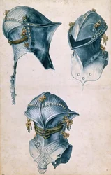 Tres vistas de un casco de justa