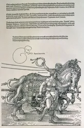 Carro triunfal del emperador Maximiliano I de Alemania (1459-1519): detalle de los equipos de caballos, guiados por dos Virtudes, Providencia y Moderación, pub. c.1518