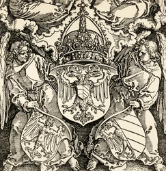 Escudo de armas del imperio germánico, por Albrecht Durer, grabado, Alemania