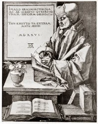 Erasmo escribiendo - grabado por Albrecht Durer reproducido a principios del siglo XX