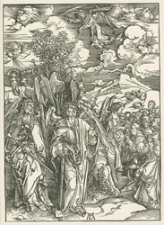Cuatro ángeles deteniendo los vientos y la firma de los Elegidos. El Apocalipsis de San Juan, c.1497-98 (xilografía)