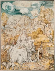 Madonna con multitud de animales (acuarela, pluma y pincel sobre papel)