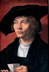 Retrato de Bernhard von Reesen, coleccionista de arte en 1490 - Retrato de Bernhard von Reesen - Pintura de Albrecht Durer (1471-1528) Óleo sobre madera 1521 (45,5x31,5cm) - Galería Estatal de Arte, Dresde