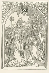 Roswitha, en presencia de su sobrina Gerba, abadesa de Gandersheim, presenta sus obras al emperador Otón I