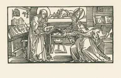 Santa Birgitta en su cámara entregando su obra a un obispo