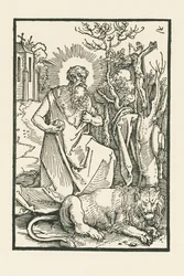 San Jerónimo. Ilustración de Lukas von Prag: Apología. Impreso por Hieronymus Höltzel, Nuremberg.
