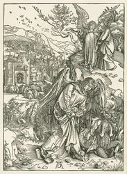 El Ángel de la Llave arrojando al Dragón al Abismo y otro Ángel mostrando a San Juan la Nueva Jerusalén, c.1497-98 (xilografía)