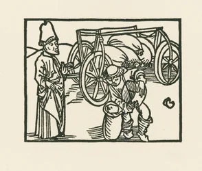 El Sacerdote tiene un saco en un carro y se está poniendo avena en él, c.1489-90 (xilografía)