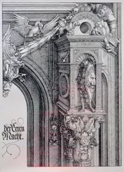 El Arco Triunfal del Emperador Maximiliano I (1459-1519): (detalle) del arco central (la Puerta del Honor y el Poder) mostrando un capitel de columna foliado y animado que sostiene a un caballero de pie en un nicho arquitectónico, una figura sosteniendo un