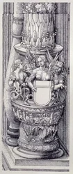 El Arco Triunfal del Emperador Maximiliano I de Alemania (1459-1519): detalle de las Puertas de Honor y Poder centrales, base de la columna izquierda adornada con bandas de follaje y grifos femeninos alados, fechado en 1515, pub. 1517/18 (xilografía)