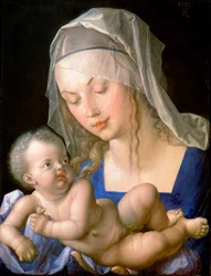 Virgen y niño sosteniendo una pera medio comida