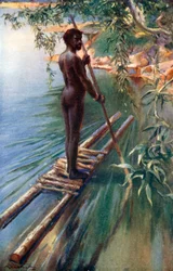 Un aborigen australiano navegando en una balsa (litografía en color)
