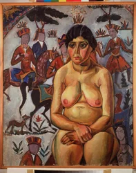 Mujer desnuda delante de una alfombra persa