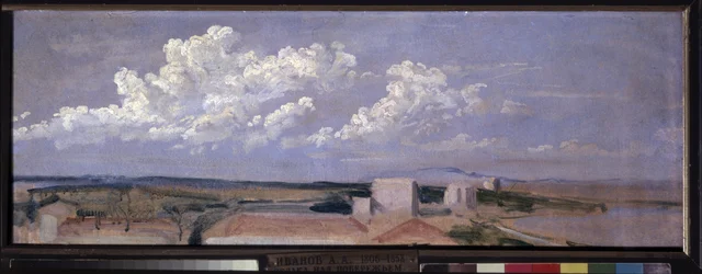 Nubes sobre la costa del mar. Paisaje con algunas casas a lo largo de la costa, coronado por grandes nubes blancas. Obra de Alexander Andreyevich Ivanov (1806-1858), óleo sobre papel