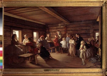 En una escuela de campo. Pintura de Alexander Ivanovich Morozov (1835-1904), óleo sobre lienzo