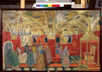 En el Kremlin. Dibujo preparatorio para la ópera Boris Godunov de Modeste Mussorgsky (1839-1881) (En el Kremlin. Escenografía para la ópera Boris Godunov de M.Mussorgsky). Obra de Alexander Yakovlevich Golovin (Alexander Golovin) (1863-1930), acuarela y