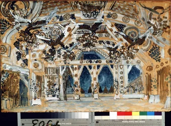 Decor pour la piece de theatre La Dame de la mer de Henrik (Henri) Johan Ibsen (1828-1906) (Escenografía para la obra de teatro La dama del mar de H. Ibsen). Oeuvre de Alexander Yakovlevich Golovin (Alexandre Golovine) (1863-1930), pastel sobre cartón