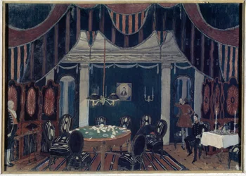 Decor preparatoire pour la piece de theatre ""La mascarade"" de Mikhail Lermontov (1814-1841) (Escenografía para la obra de teatro The Masquerade de Mikhail Lermontov) - Pintura de Alexander Yakovlevich Golovin (Alexandre Golovine) (1863-1930), témpera sur