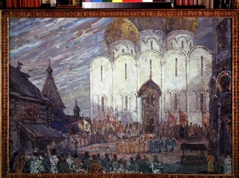 Decoración preparatoria para la ópera ""Boris Godunov"" de Modeste Mussorgsky (1839-1881) (Escenografía para la ópera Boris Godunov, de M.Moussorgsky). Obra de Alexander Yakovlevich Golovin (Alexander Golovin) (1863-1930), gouache sobre cartón